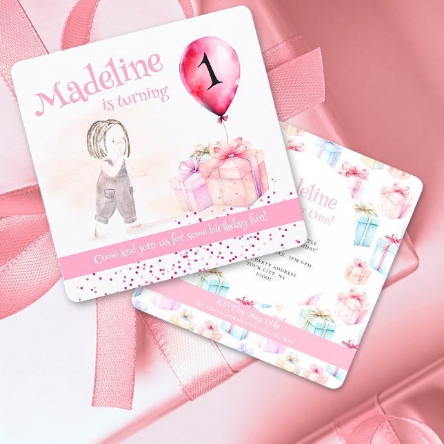 Convite Presente de Balão Rosa, primeiro aniversario-, Cut (Whimsical Cute Girl 1st birthday illustrated Pink balloon & watercolor gifts invitation)
