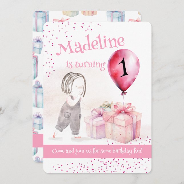 Convite Presente de Balão Rosa, primeiro aniversario-, Cut (Frente/Verso)