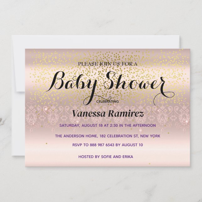 Convite Presente de bebê em rosa doce dourado (Frente)