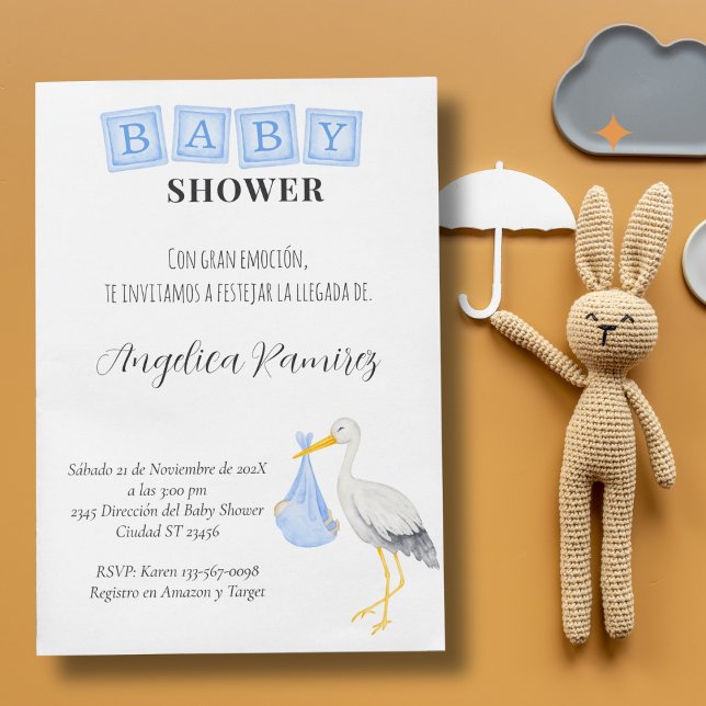 Convite Presente de Código Qr Azul Dusty Chá de fraldas es (Stork Spanish Baby Shower Dusty Blue Qr Code Gift Invitation)