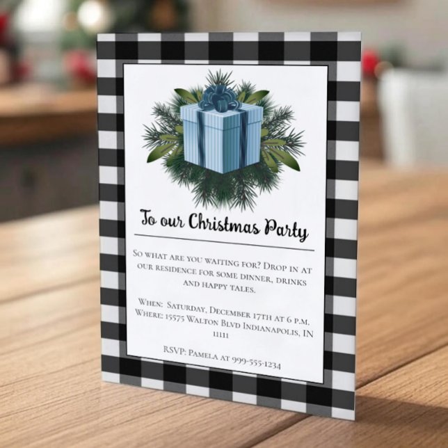 Convite Presente de Natal na Xadrez de Buffalo | Festa Azu (Blue Buffalo Plaid Christmas Gift Holiday Party Invitation)