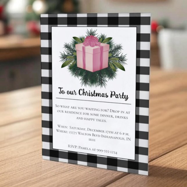 Convite Presente de Natal na Xadrez de Buffalo | Festa de  (Pink Buffalo Plaid Christmas Gift Holiday Party Invitation)