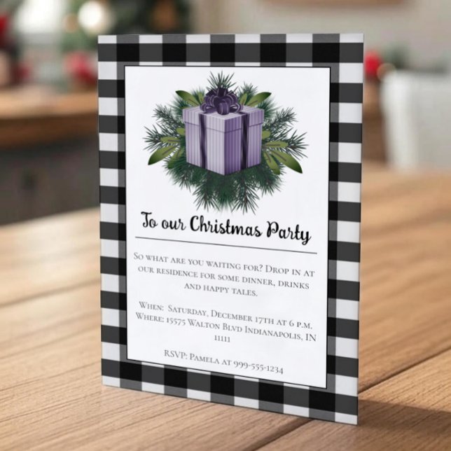 Convite Presente de Natal na Xadrez de Buffalo | Roxo (Purple Buffalo Plaid Christmas Gift Holiday Party Invitation)
