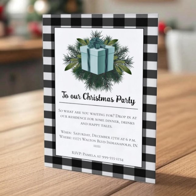 Convite Presente de Natal na Xadrez de Buffalo | Teal (Teal Buffalo Plaid Christmas Gift Holiday Party Invitation)