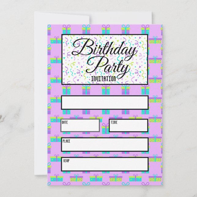 Convite Presentes de Aniversário Azul e Roxo (Frente)