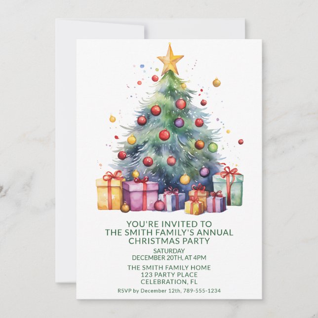 Convite Presentes de árvore de Natal Partido Verde (Frente)