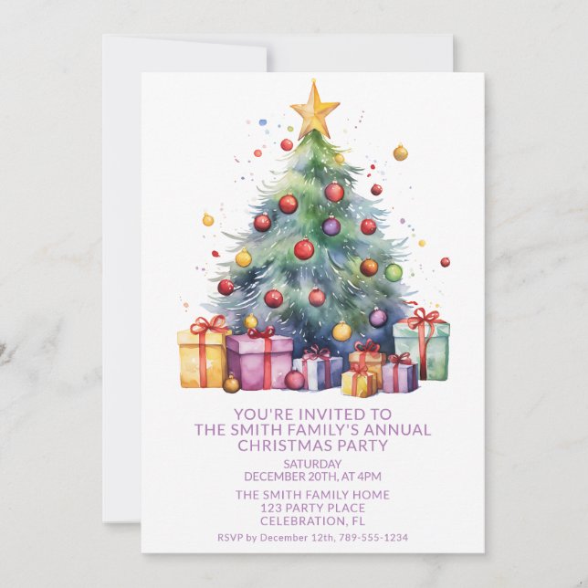 Convite Presentes de árvore de Natal Roxo Festa (Frente)