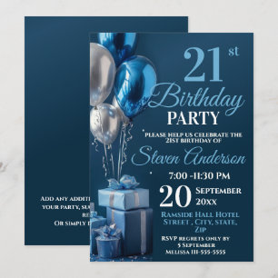 Convite Presentes de balões aniversário de 21 anos azuis