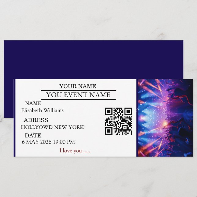 Convite Presentes de Ingresso de Concerto Personalizado Pr (Frente/Verso)