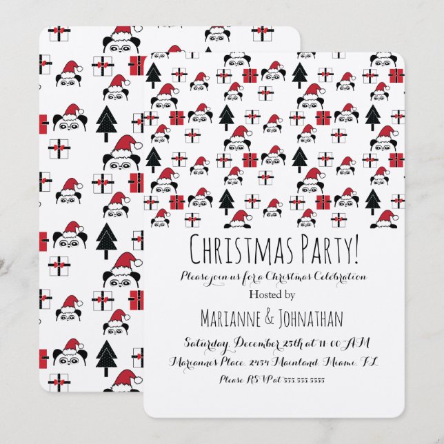 Convite Presentes de Natal Panda Árvores de Natal (Frente/Verso)