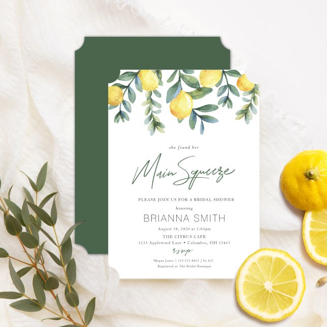 Convite Pressão principal do Chá de panela de limão (Main Squeeze elegant citrus lemon bridal shower invitations with green back side )