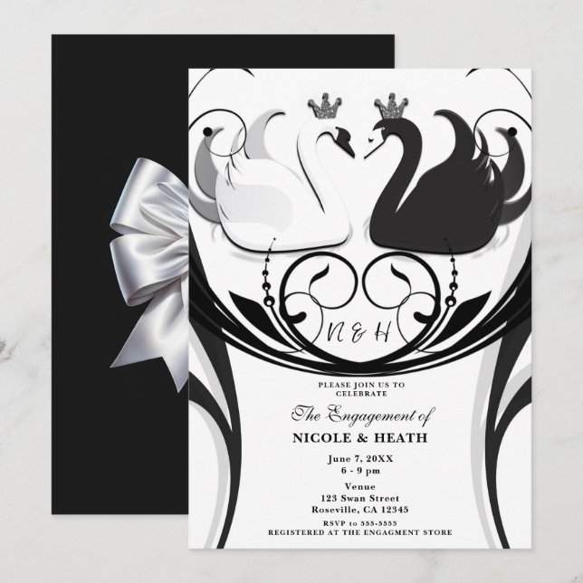 Convite Preta e Branca Princesa Cisne Elegante Noivado (Frente/Verso)