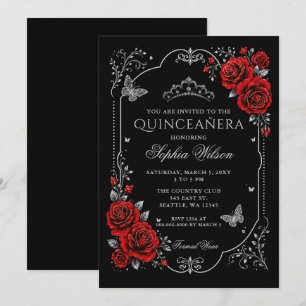 Convite Preta Prata Floral Borboleta Quinceanera