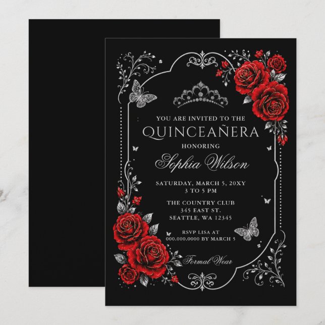 Convite Preta Prata Floral Borboleta Quinceanera (Frente/Verso)