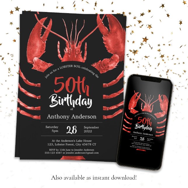 Convite Preto 50º Aniversário da Lagosta Marinha Personali (Black 50th Birthday Lobster Seafood Summer Custom Invitation)
