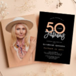 Convite Preto 50 e fabulosa Festa de aniversário 50<br><div class="desc">Experimente a sofisticação com este chic e moderno convite fotográfico de 50 anos, agora com um fundo preto impressionante, pêssego elegante e letras brancas. É um design contemporâneo criado para você se infundir com seu toque pessoal adicionando sua querida foto. A frase "50 e Fabuloso" é apresentada com gosto na...</div>