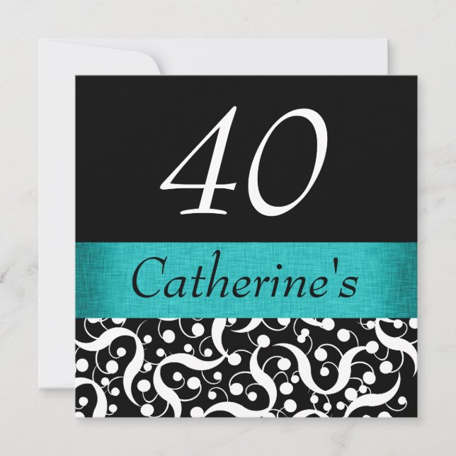 Convite Preto aqua branco elegante qualquer celebração etá (Frente)