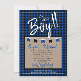 Convite Preto + Azul É um Chá de fraldas de Xadrez Buffalo