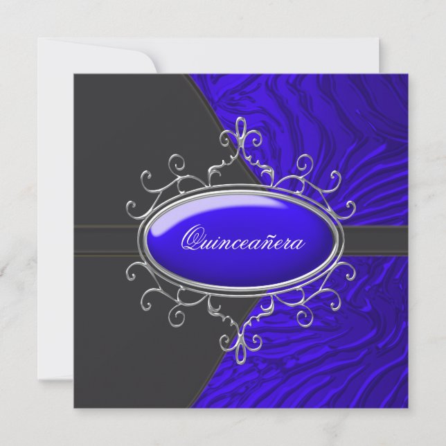 Convite Preto Azul Real Zebra Quinceanera (Frente)