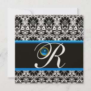 Convite PRETO BRANCO AZUL DAMASCO MONOGRAMA Safira Dourado