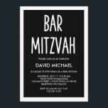 Convite Preto & Branco| Bar de Tipografia Moderna Mitzvah<br><div class="desc">Este convite simples,  porém na moda,  para o Bar Mitzvah apresenta um fundo preto com uma fronteira branca e uma tipografia branca moderna.</div>