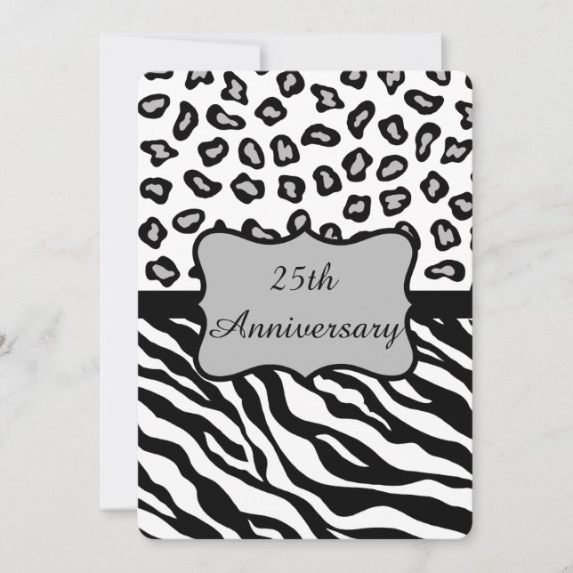 Convite Preto Branco Cinza Zebra Leopardo 25º Aniversário (Frente)