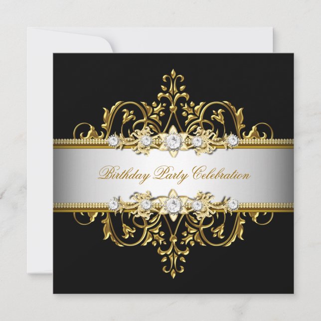 Convite Preto Branco Dourado Prata Festa Elegante (Frente)