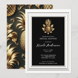 Convite Preto Branco Dourado Tropical Abacaxi Chá de Bebê 