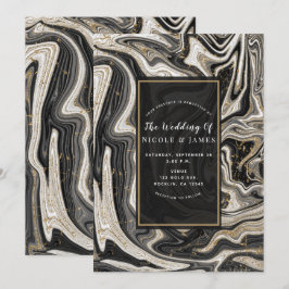 Convite Preto Branco e Dourado Chic Swirl Casamento Modern