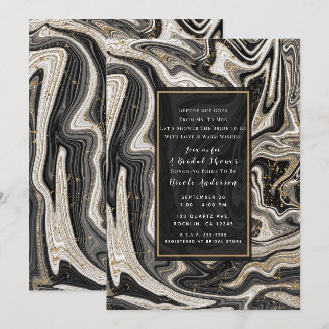 Convite Preto Branco e Dourado Chic Swirl Moderno Chá de N (Frente/Verso)