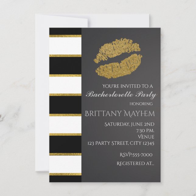 Convite Preto branco e Dourado Faux Shimmer Lábios Kiss Pa (Frente)