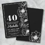 Convite Preto Branco Elegante Floral 40º Aniversário<br><div class="desc">Apresentando um convite de aniversário de 40 anos chique e elegante, perfeito para celebrar quarenta anos com estilo. O design apresenta um fundo preto elegante, criando um visual sofisticado em preto e branco no geral. Uma delicada arte linear de flores de anêmona desce pelo lado direito, adicionando um toque de...</div>