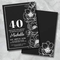 Preto Branco Elegante Floral 40º Aniversário