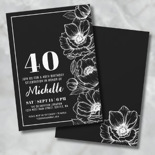 Convite Preto Branco Elegante Floral 40º Aniversário