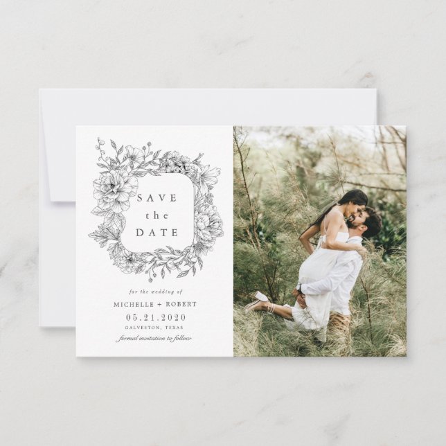 Convite preto branco elegante floral duas Foto Salvar a Da (Frente)