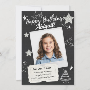 Convite Preto Branco Estrelas Polaroid Aniversário