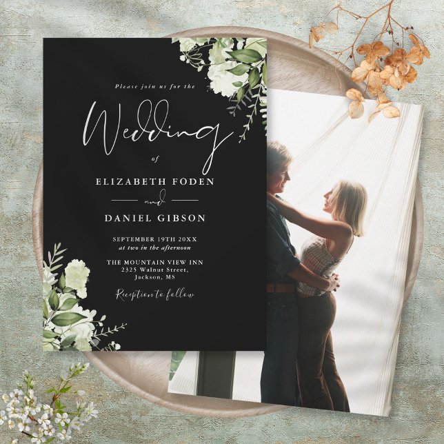 Convite Preto Branco Folhas de Verdura Elegantes Foto Casa (Black White Elegant Greenery Leaves Photo Wedding Invitation)