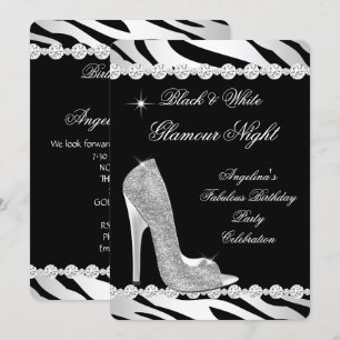 Convite Preto Branco Glamour Noite Zebra Brilho Salto Alto