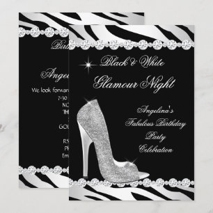 Convite Preto Branco Glamour Noite Zebra Brilho Salto Alto