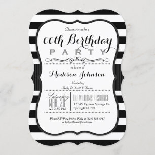 Convite Preto & branco listra a festa de aniversário