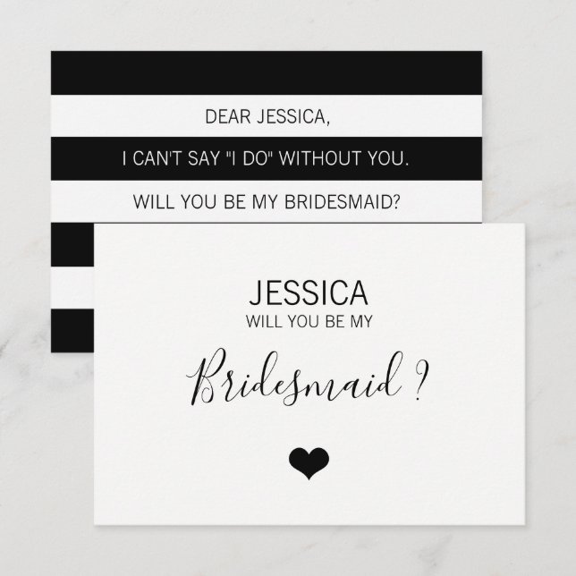 Convite Preto Branco Moderno Você Será Minha BRIDESMAID? (Frente/Verso)