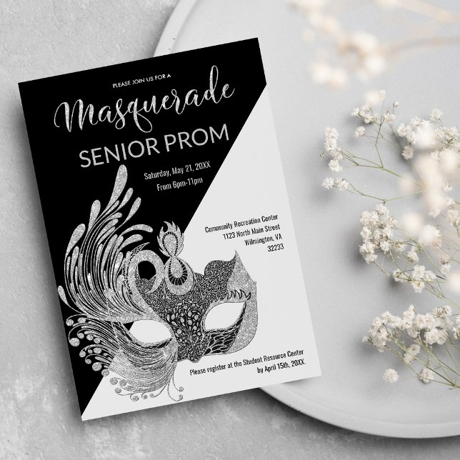Convite Preto Branco Prata Brilho Máscara Promoção (Black White Silver Glitter Masquerade Prom)