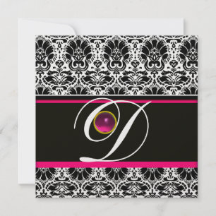 Convite PRETO BRANCO ROSA DAMASCO MONOGRAMA Ametista Gelo