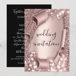 Convite Preto Branco Rosa Dourado 3D Casamento Espelhado