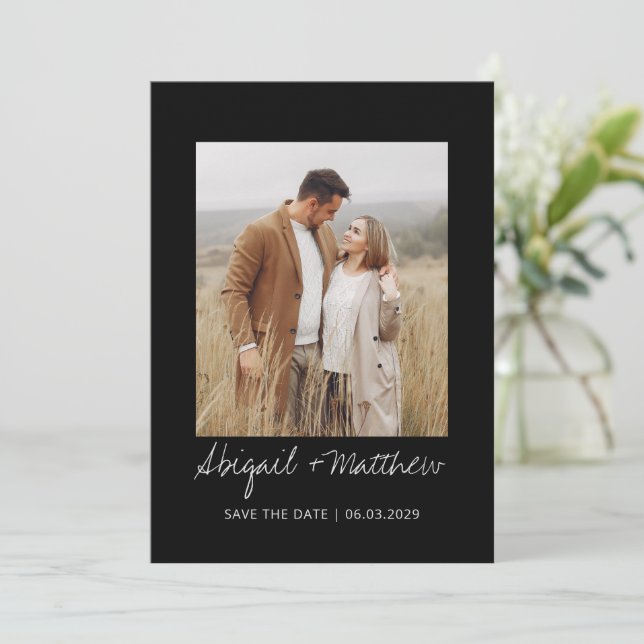 Convite Preto Branco Simples Manuscrito Salvar A Foto Da D (Em pé/Frente)