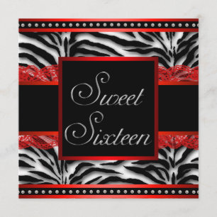 Convite Preto Branco Vermelho Zebra Festa dos 16 Aniversár