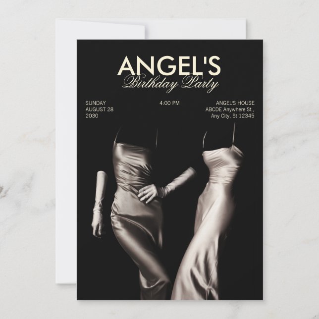 CONVITE PRETO BRANCO VESTIDO DE SEDA DE MODA GLAMOUR ESTÉT (Frente)