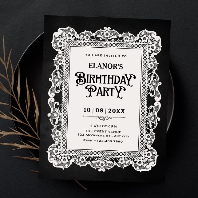 Convite Preto branco vintage barroco aniversário (Criador carregado)