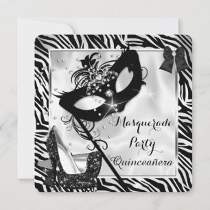 Convite Preto Branco Zebra Máscara Quinceanera Salto Alto