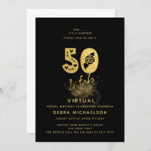 Preto brilhante e Dourado 50 & Fab Virtual Birthda